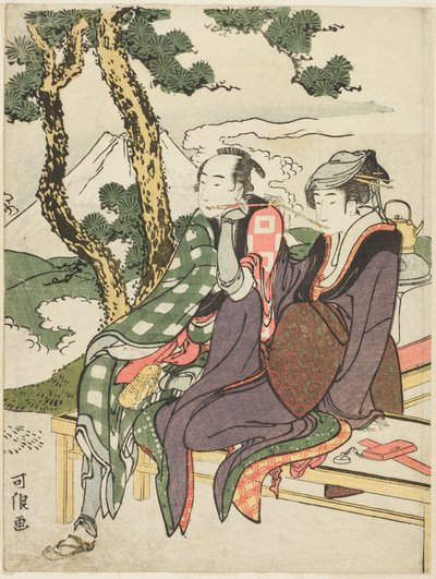 Evening Glow for Date no Yosaku och Seki no Koman, från den namnlösa serien känd som "Eight Views of Tragic Lovers (Michiyuki hakkei)" av Katsushika Hokusai