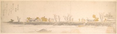 Figurer som promenerar på en udde; vatten och båtar i förgrunden av Katsushika Hokusai