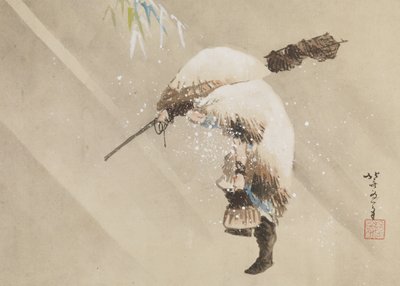 Fiskare som bär sitt nät i snön, ca. 1821 (bläck, färg och gofun på papper) av Katsushika Hokusai