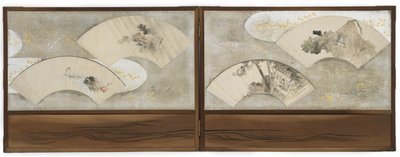 Fyra fanmålningar: "Groda på lotusblad", "Lärling i ett hus", "Landskap" och "Båt och klippa", Edo-perioden (bläck och färg på papper) av Katsushika Hokusai