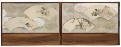 Fyra fläktmålningar monterade på en skärm... av Katsushika Hokusai