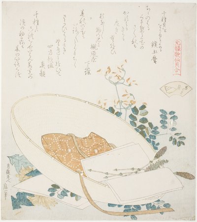 Nyplockade blommor i en resenärs hatt, illustration för The Thousand-grasses Shell (Chigusagai), från serien "A Matching Game with Genroku-period Poem Shells (Genroku kasen kai awase)" av Katsushika Hokusai