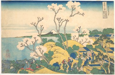 Fuji sedd från Gotenyama i Shinagawa längs Tōkaidō (Tōkaidō Shinagawa Gotenyama no Fuji), ur serien ”De trettiosex vyerna av berget Fuji” (Fugaku sanjūrokkei) av Katsushika Hokusai