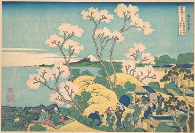 Fuji sedd från Gotenyama längs Tōkaidō vid Shinagawa (Tōkaidō Shinagawa Gotenyama no Fuji), ur serien ”De trettiosex vyerna av berget Fuji” (Fugaku sanjūrokkei) av Katsushika Hokusai