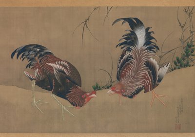 Gamecocks, daterad 1838. av Katsushika Hokusai