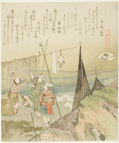 Hanging Abalone Out to Dry, illustration för Abalone (Awabi), från serien "A Matching Game with Genroku-period Poem Shells (Genroku kasen kai awase)" av Katsushika Hokusai