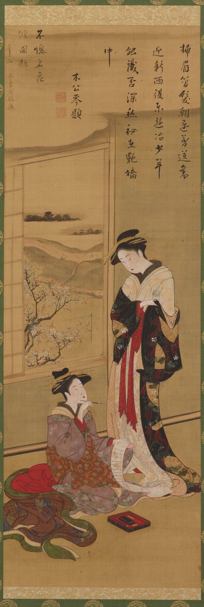 Interiör: en kurtisanskrift, en annan tittar på, sent 1700-tidigt 1800-tal. av Katsushika Hokusai