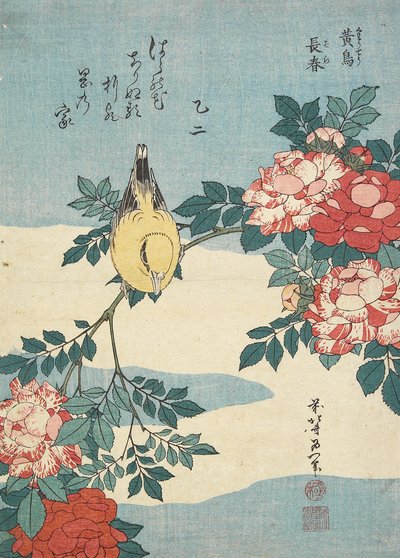Japansk näktergal och rosor, ca. 1832 av Katsushika Hokusai
