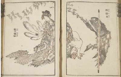 Japansk kvinna en vit räv med 9 svansar och en apa (träblockstryck) av Katsushika Hokusai