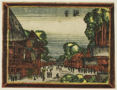Kannon Temple (Kannon), från serien Dutch-style Pictures: Eight Views of Edo (Oranda gakyo Edo hakkei) av Katsushika Hokusai