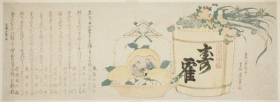 Fat sake och korg med apelsiner av Katsushika Hokusai