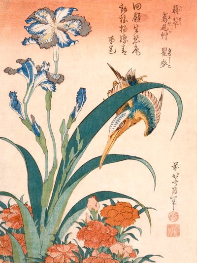 Kingfisher, Irises and Pinks, publicerad c1834. av Katsushika Hokusai