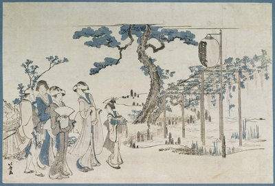 Damer som besöker Wisteria Gardens på Kameido (träblockstryck) av Katsushika Hokusai