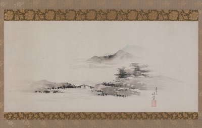Landskap, Edo-period, ca 1801-02 (bläck och färg på papper monterad som hängande rulle) av Katsushika Hokusai