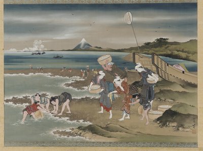 Landskap: musslor samlare på stranden (bläck & färg på siden) av Katsushika Hokusai