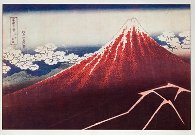 Blixtnedslag på berget Fujiyama ... (träsnitt i färg) av Katsushika Hokusai