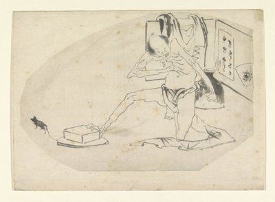 Man i ländtyg, en låda och en mus av Katsushika Hokusai