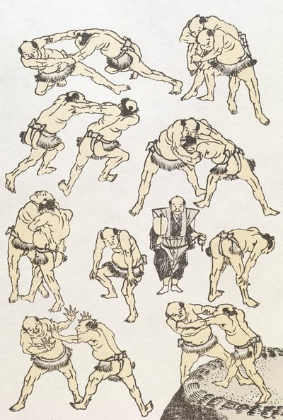 Manga: studier av brottares gester och ställningar, pub. 1849, (trätryck i färg) av Katsushika Hokusai