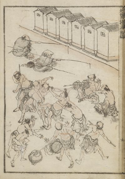 Män brottning och fiske (träblocktryck) av Katsushika Hokusai