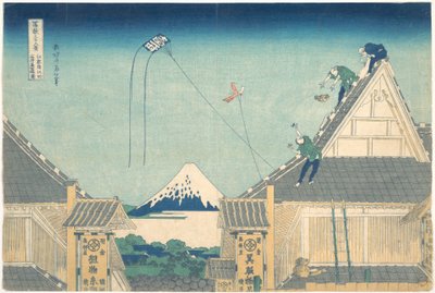 Mitsui-butiken i Surugachō i Edo (Edo Surugachō Mitsui mise ryaku zu), ur serien ”De trettiosex vyerna av berget Fuji” (Fugaku sanjūrokkei) av Katsushika Hokusai