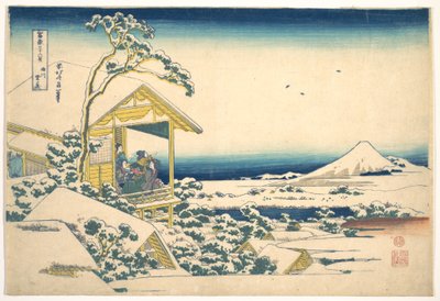 Morgonen efter snöfallet vid Koishikawa i Edo (Koishikawa yuki no ashita), ur serien ”De trettiosex vyerna av berget Fuji” (Fugaku sanjūrokkei) av Katsushika Hokusai