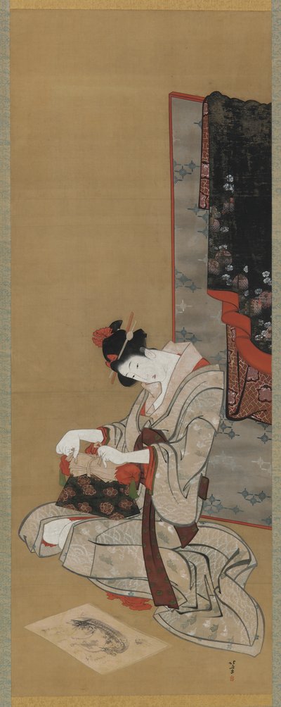 Nyårsanpassad: Smink på nyårsmorgonen, Edo-perioden, ca 1806-11 (bläck och färg på siden) av Katsushika Hokusai