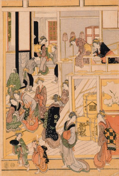 Nyårsdagen på Teahouse Ogi-ya. c.1810 (träblock i färg) (för set se 277796-277798) av Katsushika Hokusai