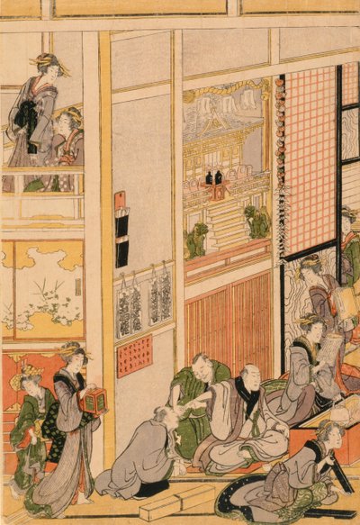 Nyårsdagen på Teahouse Ogi-ya. c.1810 (träblock i färg) (för set se 277765 & 277797-277798) av Katsushika Hokusai