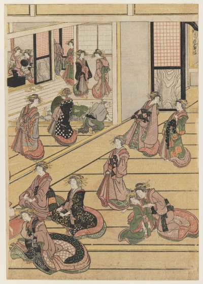 Nyårsdagar på tehuset Ogi-ya. c.1810 (träblock i färg) (för set se 277795-277797) av Katsushika Hokusai