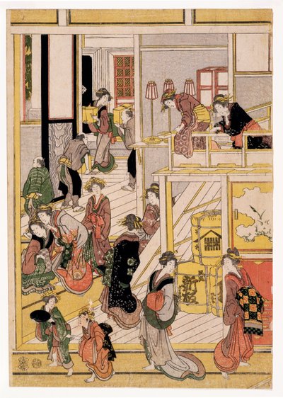 New Years Days of the Teahouse Ogi-ya, c.1810 (träblockstryck) (se även 406534, 406535 & 406536) av Katsushika Hokusai