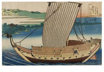 Nr 18. Scenen, en junkbåt som seglar på ett lugnt hav förbi Suminoye-bukten i Settsu, från serien De hundra dikterna förklarade av sjuksköterskan, ca 1835-1836 (träsnitt på papper) av Katsushika Hokusai