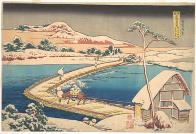 Gammal vy över båtbron vid Sano i provinsen Kōzuke (Kōzuke Sano funabashi no kozu), ur serien ”Anmärkningsvärda vyer över broar i olika provinser” (Shokoku meikyō kiran) av Katsushika Hokusai