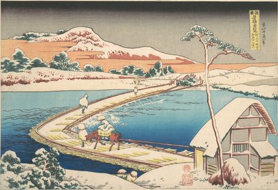 Gammal vy över båtbron vid Sano i provinsen Kōzuke (Kōzuke Sano funabashi no kozu), ur serien ”Anmärkningsvärda vyer över broar i olika provinser” (Shokoku meikyō kiran) av Katsushika Hokusai