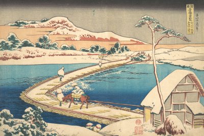 Gammal utsikt över båtbron vid Sano i Kozuke-provinsen Kozuke Sano funabashi no kozu,..., 1827-30. av Katsushika Hokusai