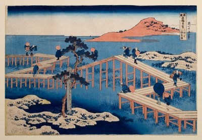 Gammal vy över den åttadelade bron vid Yatsuhashi i provinsen Mikawa, ur serien ”Anmärkningsvärda vyer över broar i olika provinser” av Katsushika Hokusai