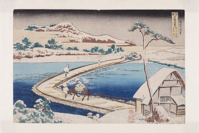 Gammal utsikt över pontonbron vid Sano i K?zuke-provinsen (K?zuke Sano funabashi no kozu) (träblock i färg) av Katsushika Hokusai