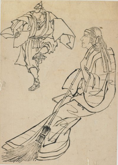 Gammal kvinna sittande på bänken framför vilken en man med fan dansar, sent 1700-tidigt 1800-tal. av Katsushika Hokusai