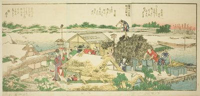 Sidor från den illustrerade boken "Panoramautsikt längs stranden av Sumidafloden (Ehon Sumidagawa ryogan ichiran)" av Katsushika Hokusai