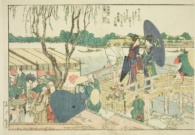 Sidor från den illustrerade boken "Panoramautsikt längs stranden av Sumidafloden (Ehon Sumidagawa ryogan ichiran)" av Katsushika Hokusai