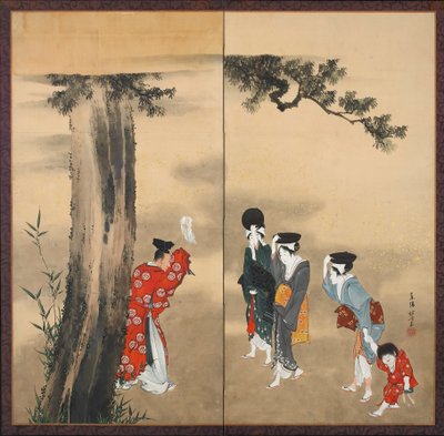 Dubbel skärm på papper: A Shinto Priest, Three Women and a Child under a Pine Tree, Edo-period, ca 1799-1801 (bläck, guld och färg på papper) av Katsushika Hokusai