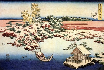 ""Snölandskap på Sumidafloden, Japan"" Tryck av Katsushika Hokusai (1760-1849) (ukiyo-e School) 1832 State A Pushkin Museum of Fine Arts, Moskva av Katsushika Hokusai