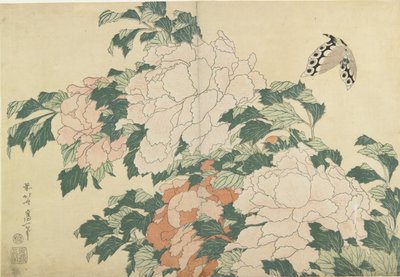 Pioner och fjäril, ca. 1830-1831 av Katsushika Hokusai