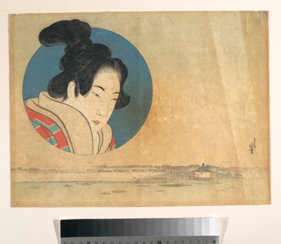 Porträtt av en kvinna i en stor cirkel med landskap nedanför av Katsushika Hokusai