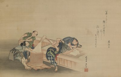 Pounding Rice for Mochi, inskrivet av Momomoto Hinamaro, Edo-period, ca 1822 (bläck och färg på siden monterad som hängande rulle) av Katsushika Hokusai