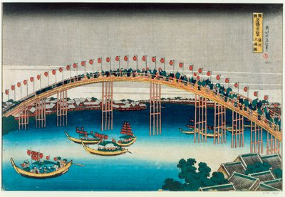 Procession över en bro (träblock i färg) av Katsushika Hokusai