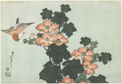 Rosenmalva och sparv, ca. 1832 av Katsushika Hokusai