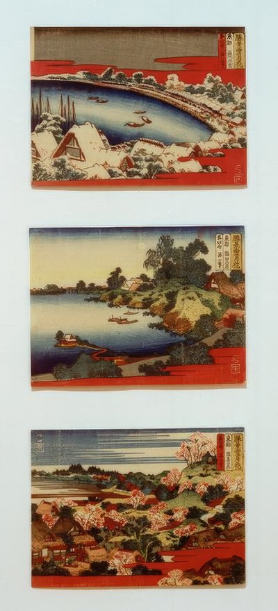 Snö, måne och blommor i vackra landskap av Katsushika Hokusai
