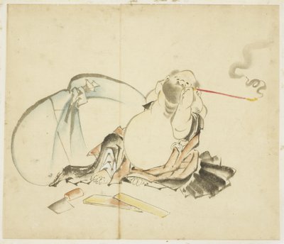 Sittande Hotei Smoking a Pipe, ca. 1815-1849 (bläck och färg på papper) av Katsushika Hokusai