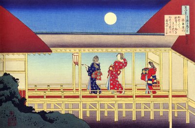 Serie med hundra dikter av hundra poeter: ""Akazome Emon"" Japanska kvinnor och fullmåne - Tryck av Katsushika Hokusai (1760-1849) (ukiyo-e skola) cirka 1830 State Hermitage Saint Petersburg av Katsushika Hokusai