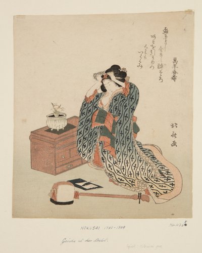 Shamisen Player justerar hennes hår (träblock i färg) av Katsushika Hokusai